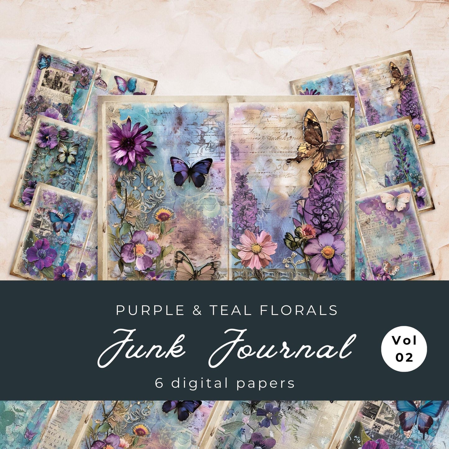 Purple and Teal Floral Junk Journal Pages Vol 2