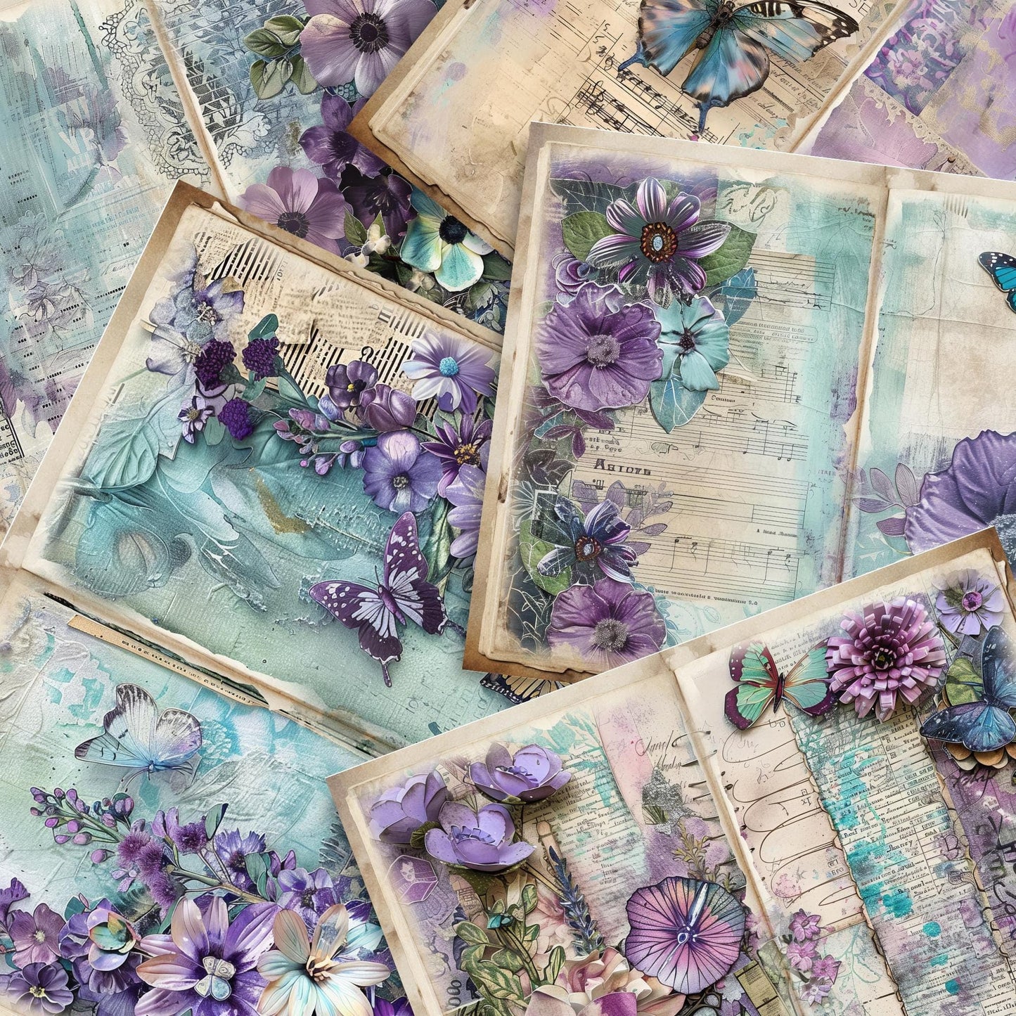 Purple and Teal Floral Junk Journal Pages Vol 3
