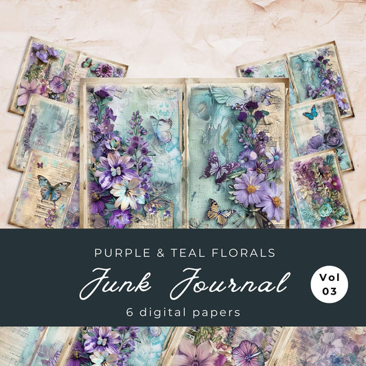 Purple and Teal Floral Junk Journal Pages Vol 3