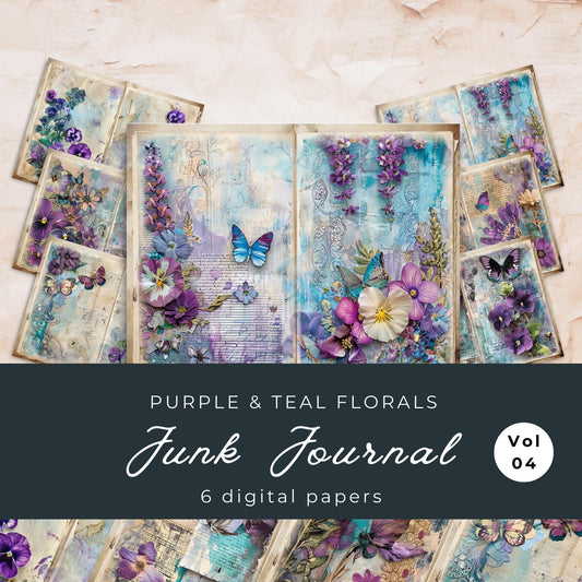 Purple and Teal Floral Junk Journal Pages Vol 4