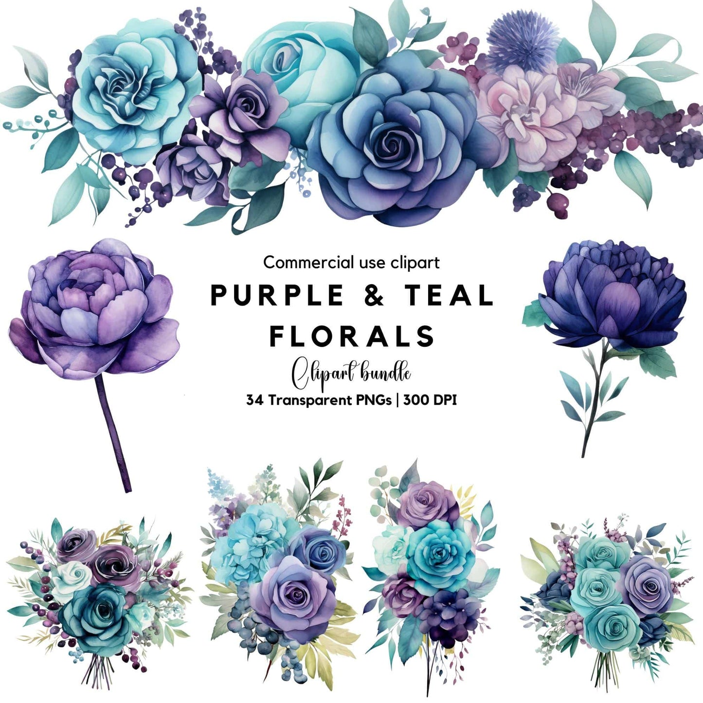 Purple and Teal Wedding Floral Clipart