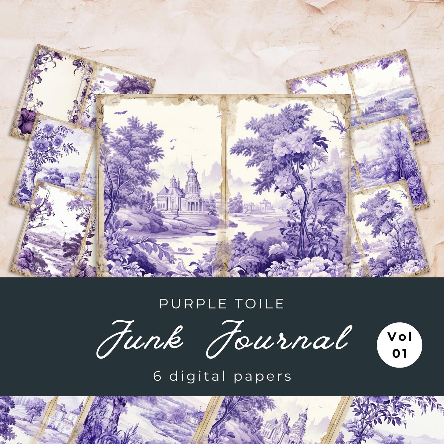 Purple Toile Junk Journal Pages