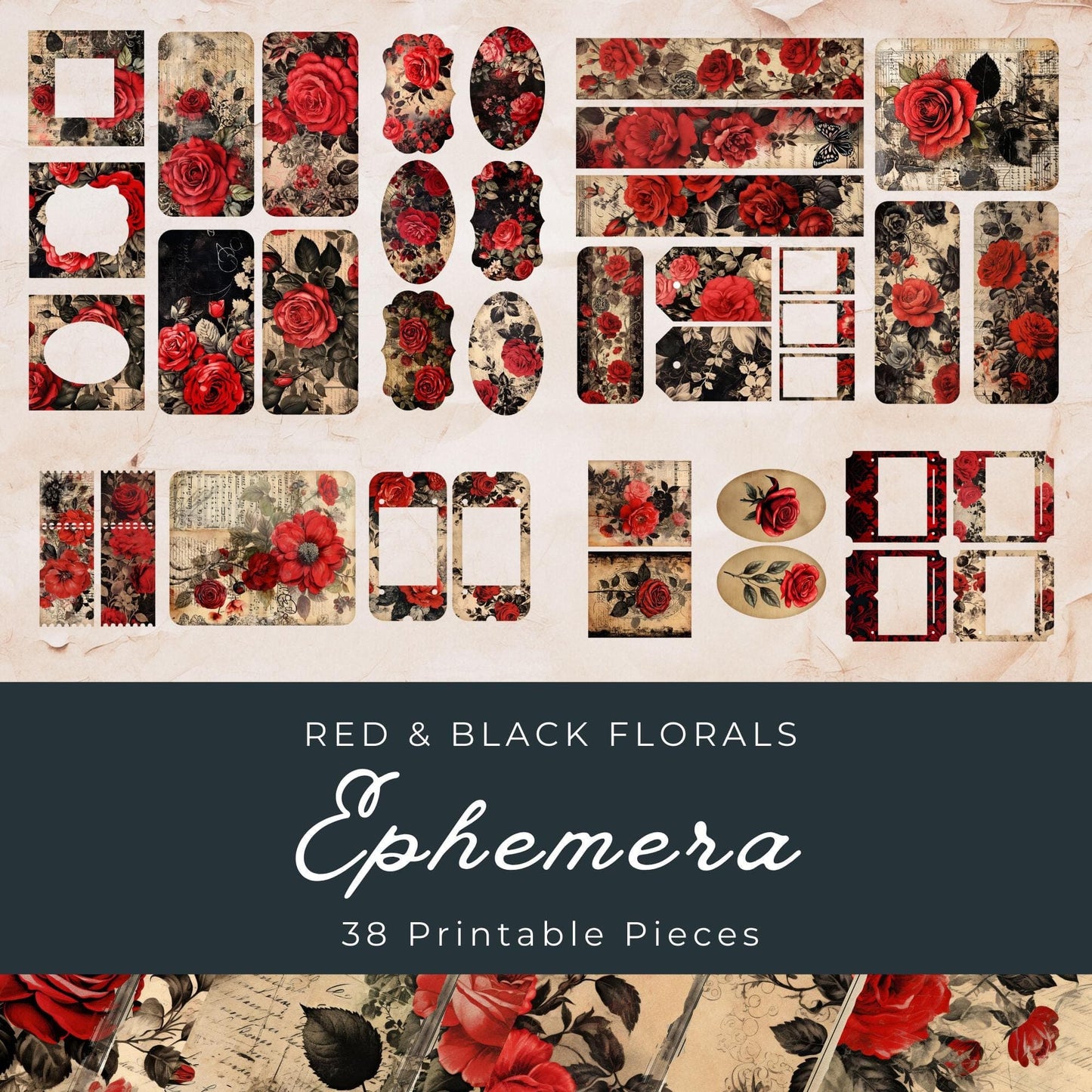 Red and Black Floral Junk Journal Ephemera