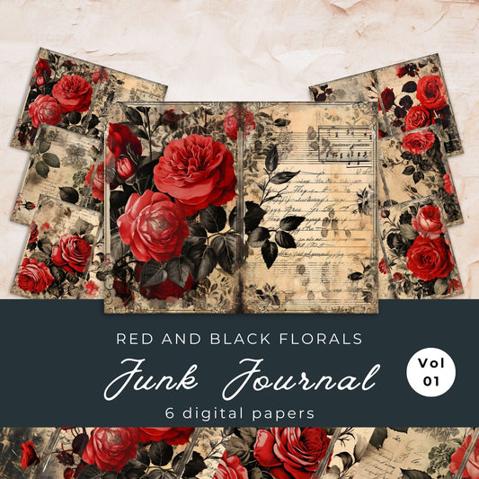 Red and Black Floral Junk Journal Pages