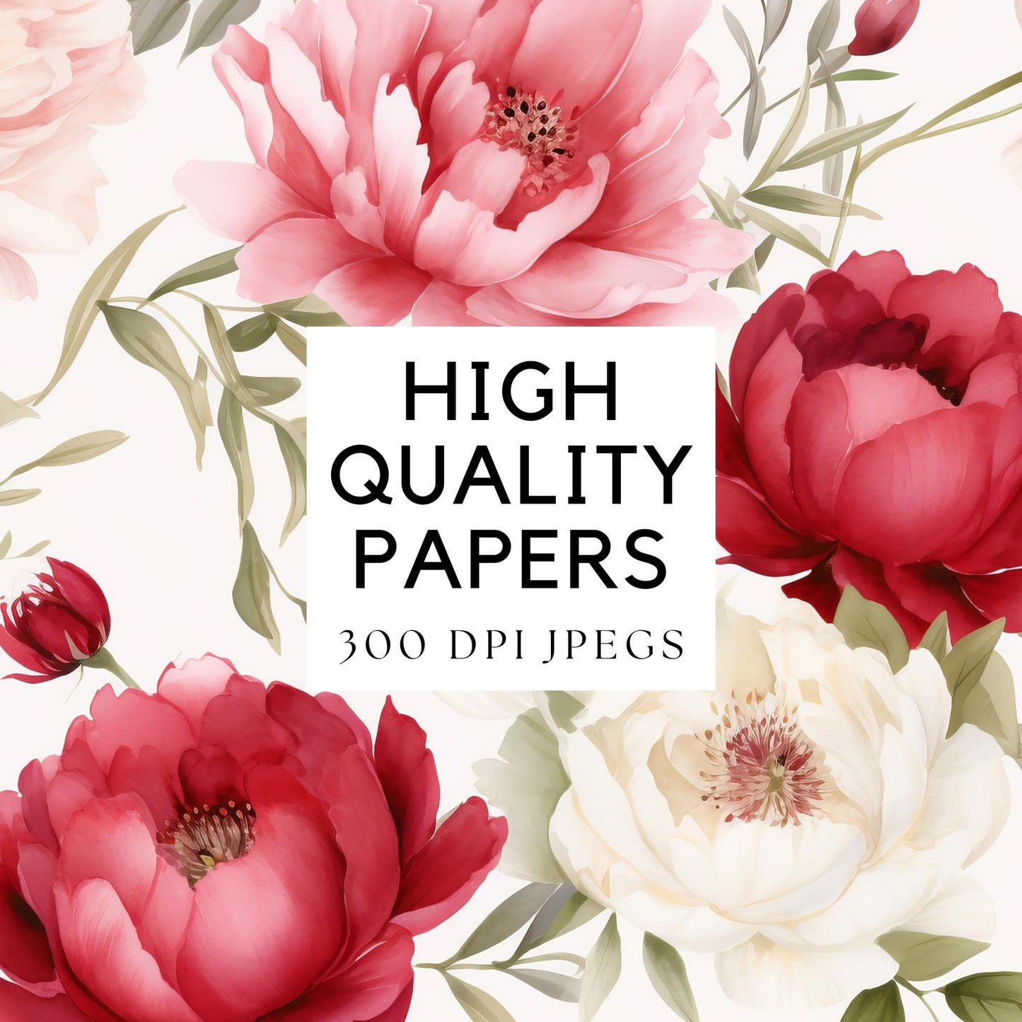 Red, White and Blush Peonies Digital Papers