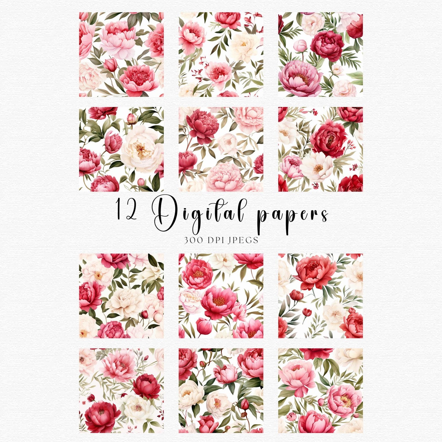 Red, White and Blush Peonies Digital Papers