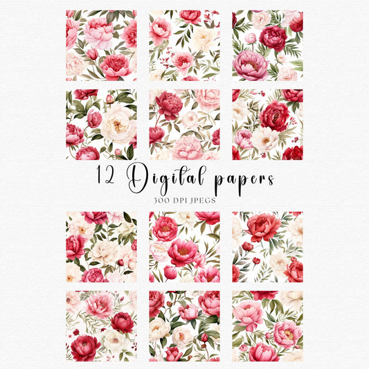Red, White and Blush Peonies Digital Papers