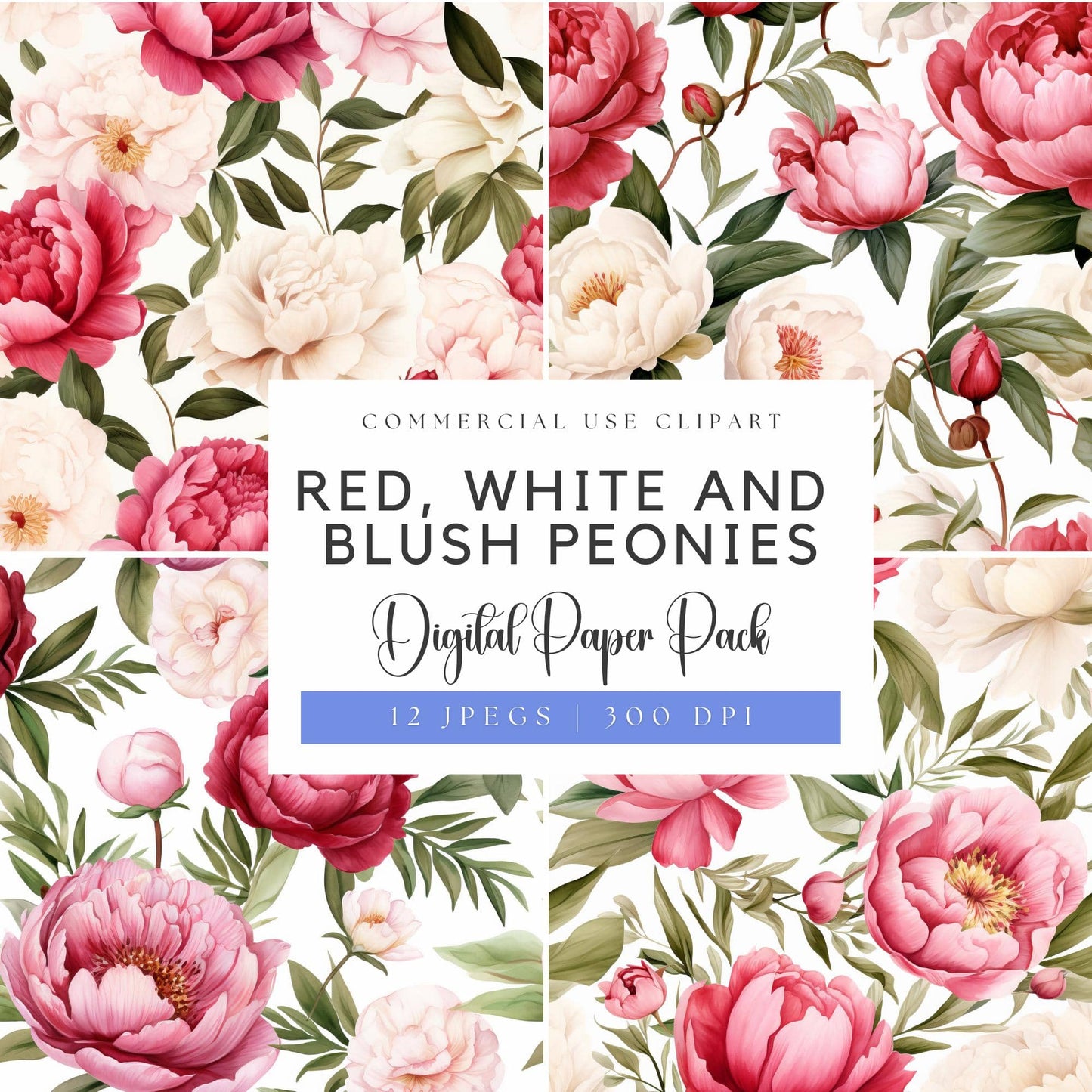 Red, White and Blush Peonies Digital Papers