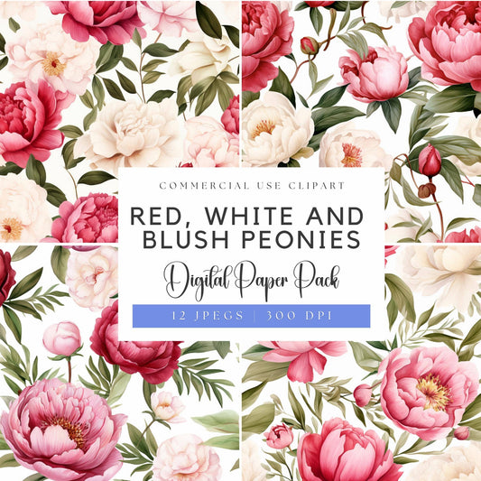 Red, White and Blush Peonies Digital Papers