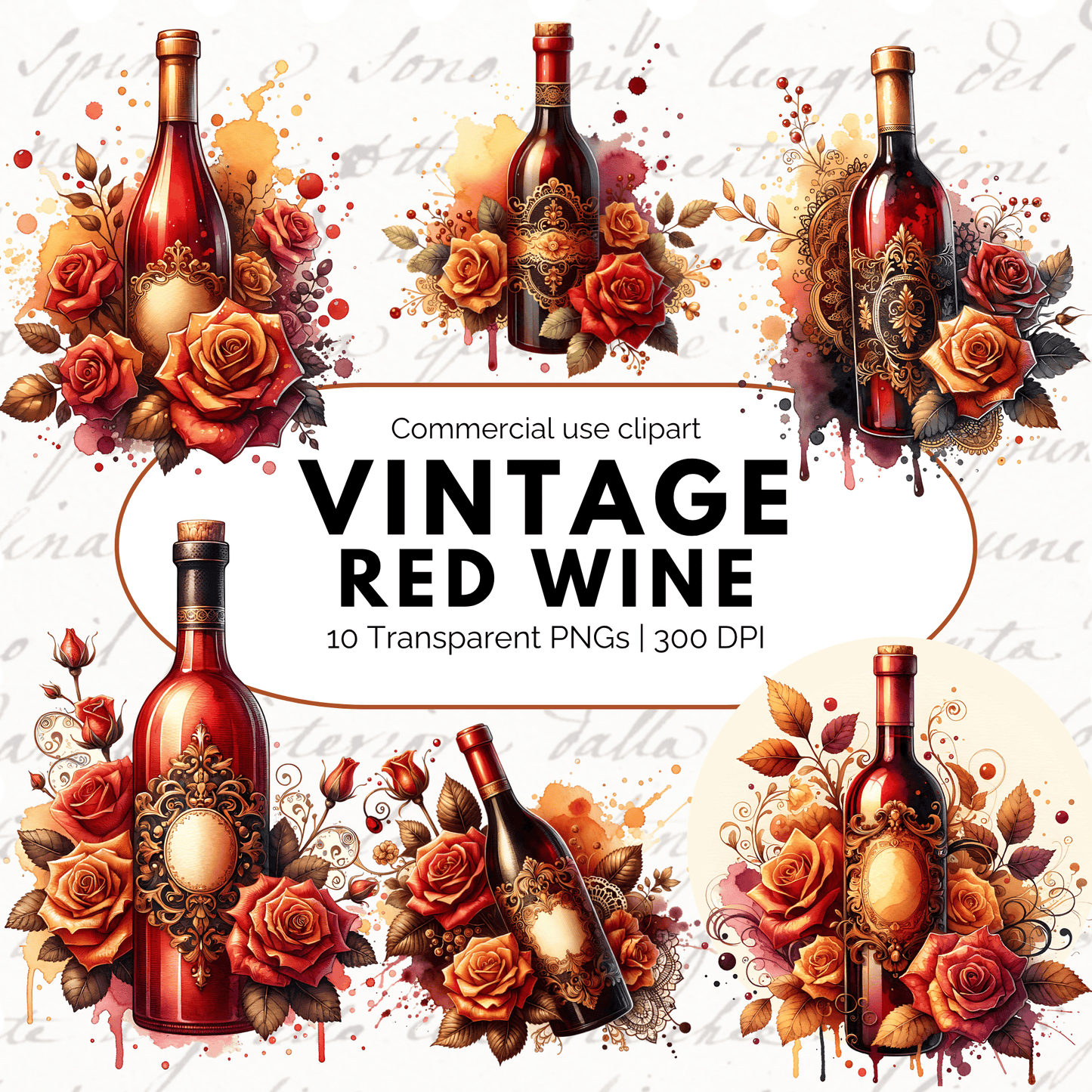 Red Wine Bottle Clipart PNG – Watercolor Wine & Floral Sublimation Design