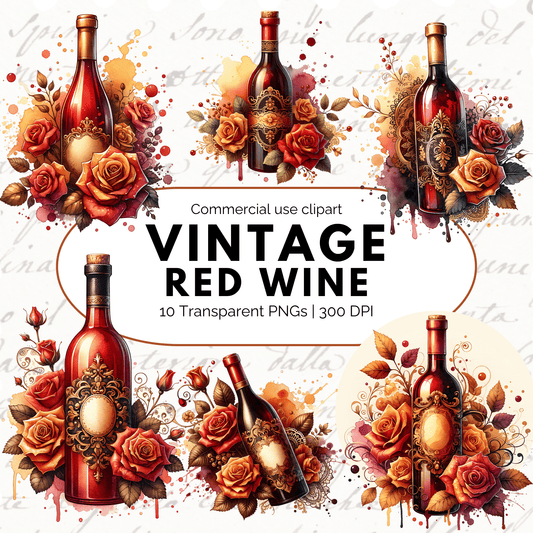 Red Wine Bottle Clipart PNG – Watercolor Wine & Floral Sublimation Design