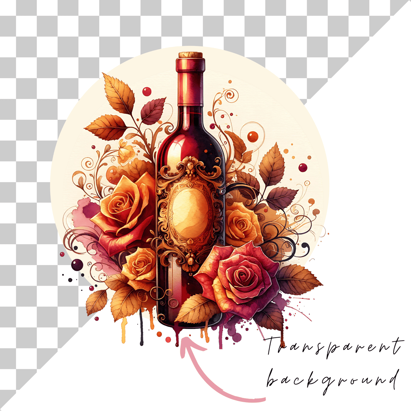 a bottle of wine with roses and leaves on a checkered background