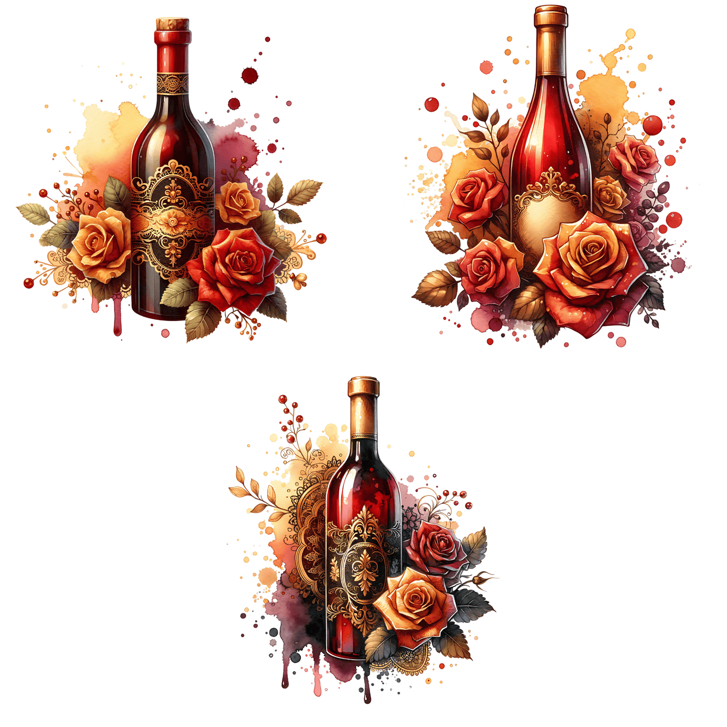 a set of three wine bottles with roses on them