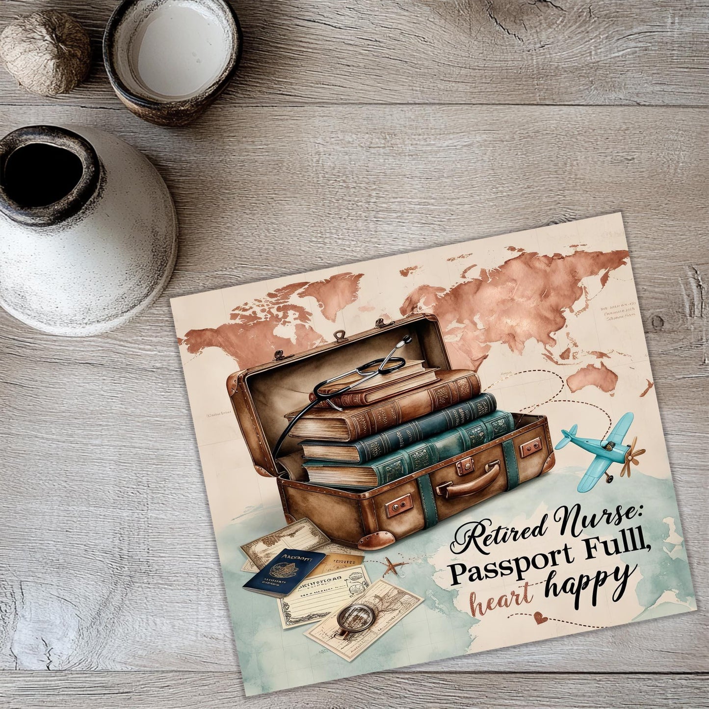 a card with a picture of a suitcase and a map
