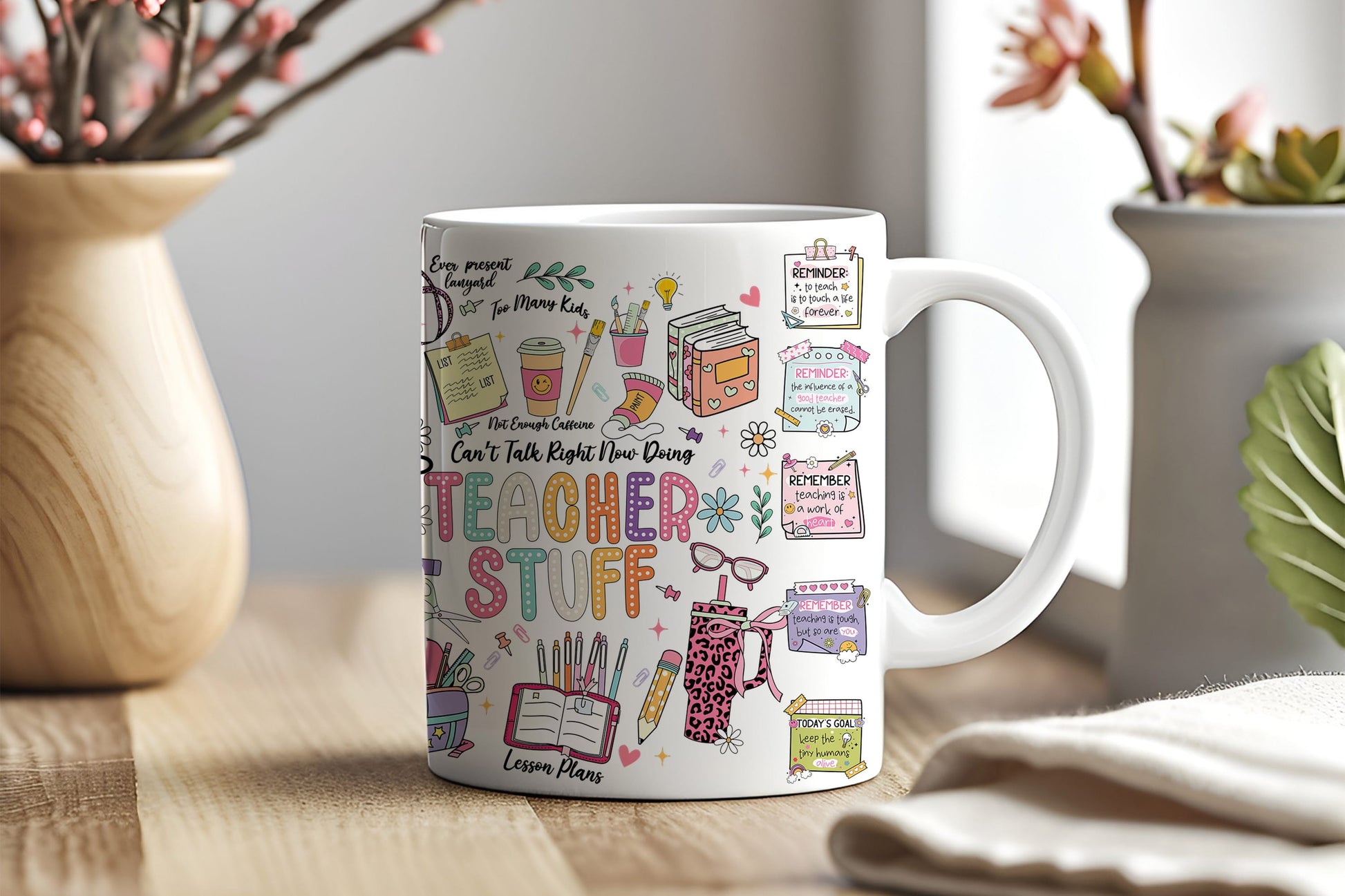 a coffee mug with a teacher's stuff design on it