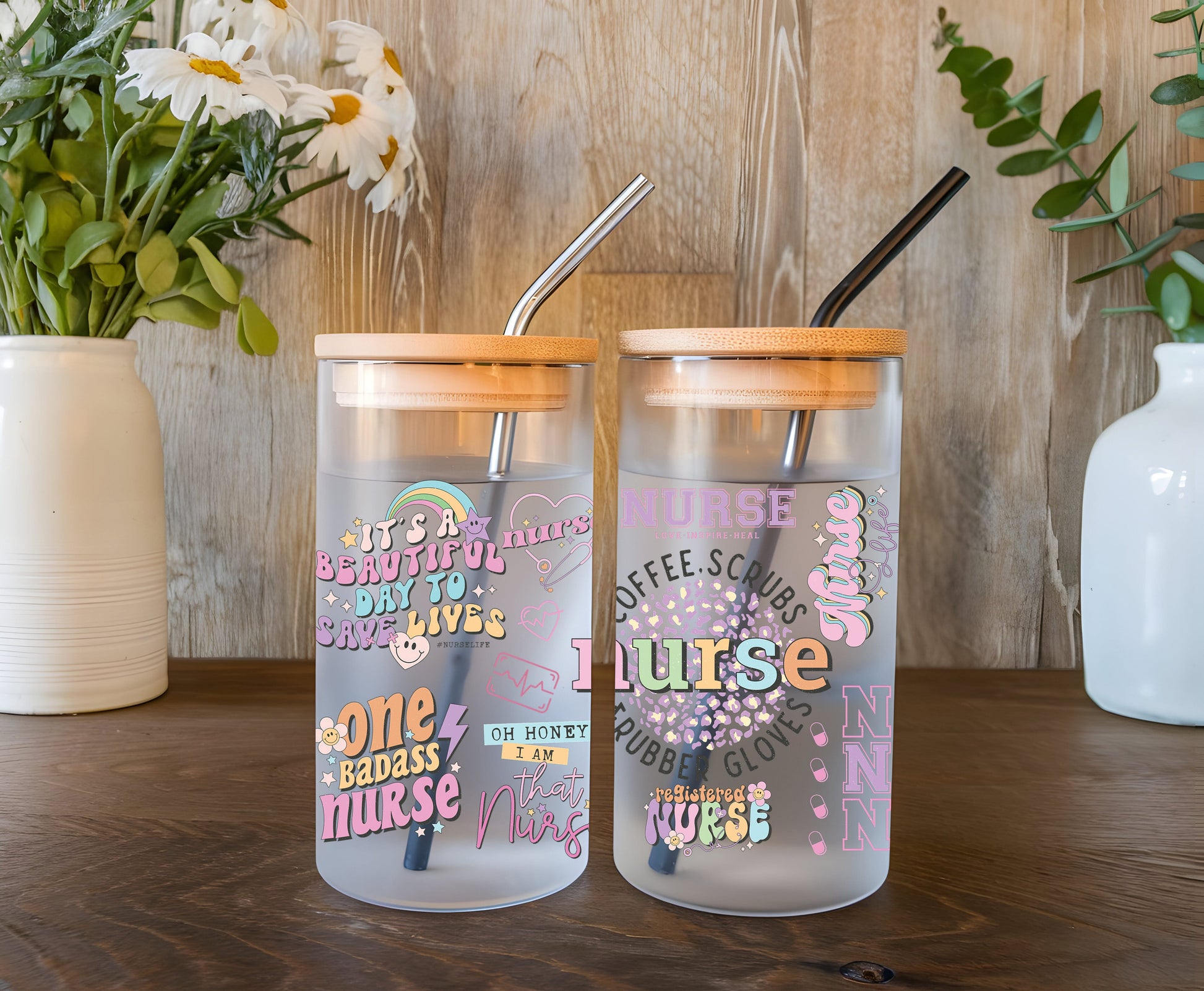 a couple of cups sitting on top of a wooden table