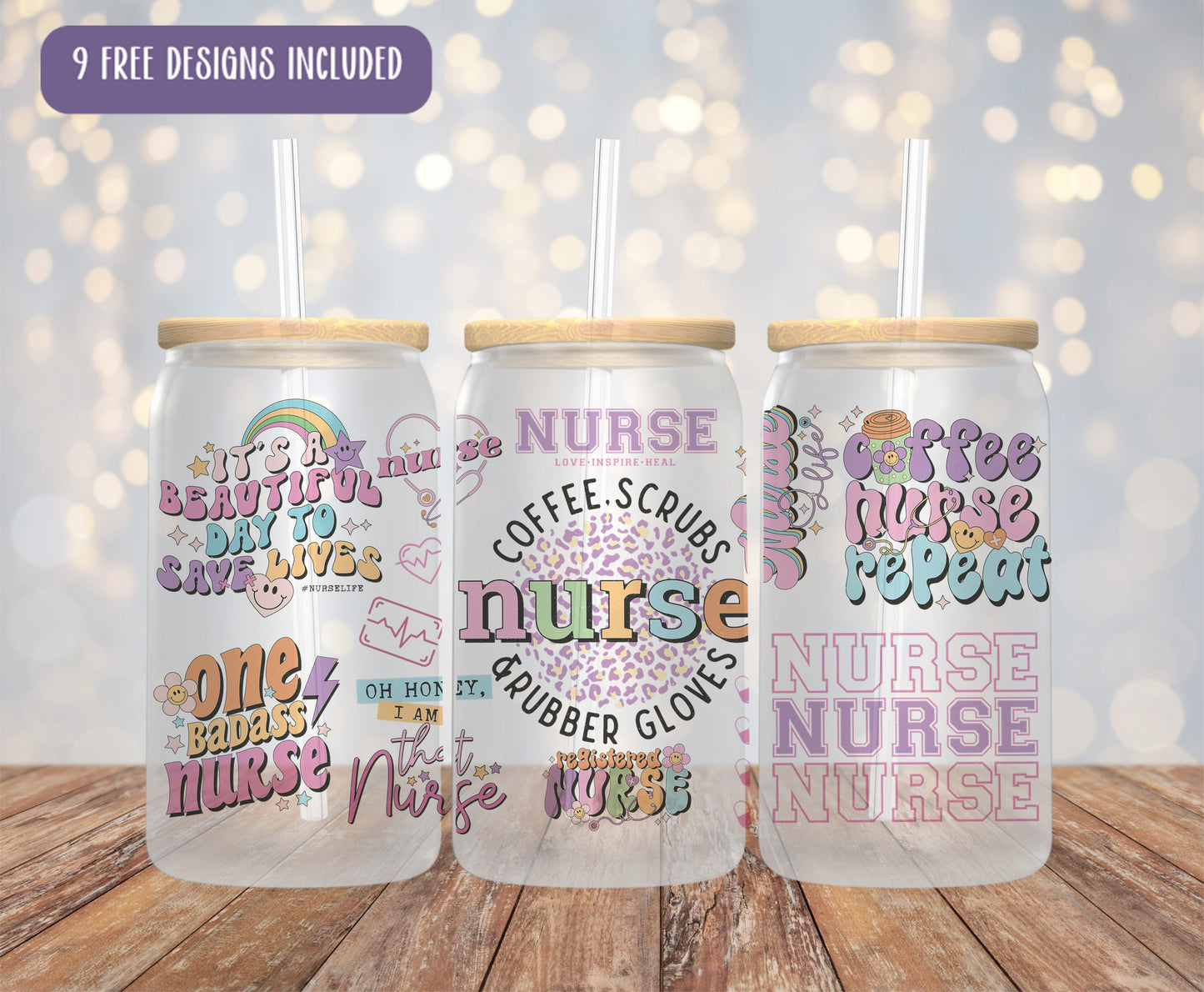 a set of three personalized nurse tumblers on a wooden table