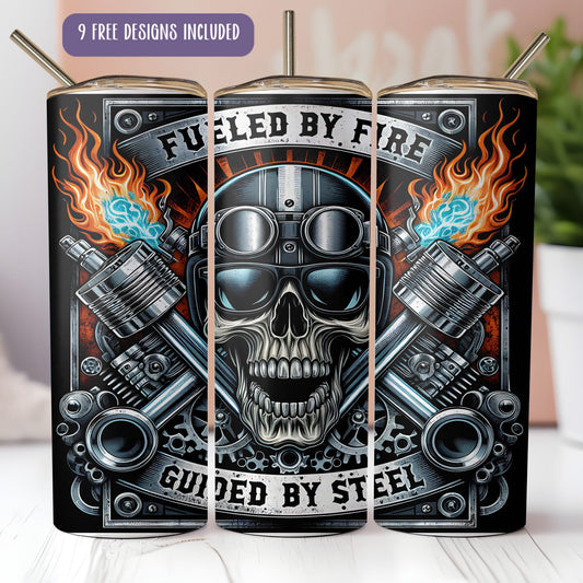 Ride or Die Skull Tumbler Wrap PNG – 20oz Skinny Fiery Biker Skeleton Sublimation Design