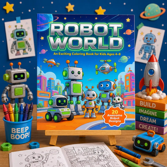 Robot World Colouring Book for Kids Ages 4–8 | Robots & Future Tech Printable Activity Book | PLR & MRR Included
