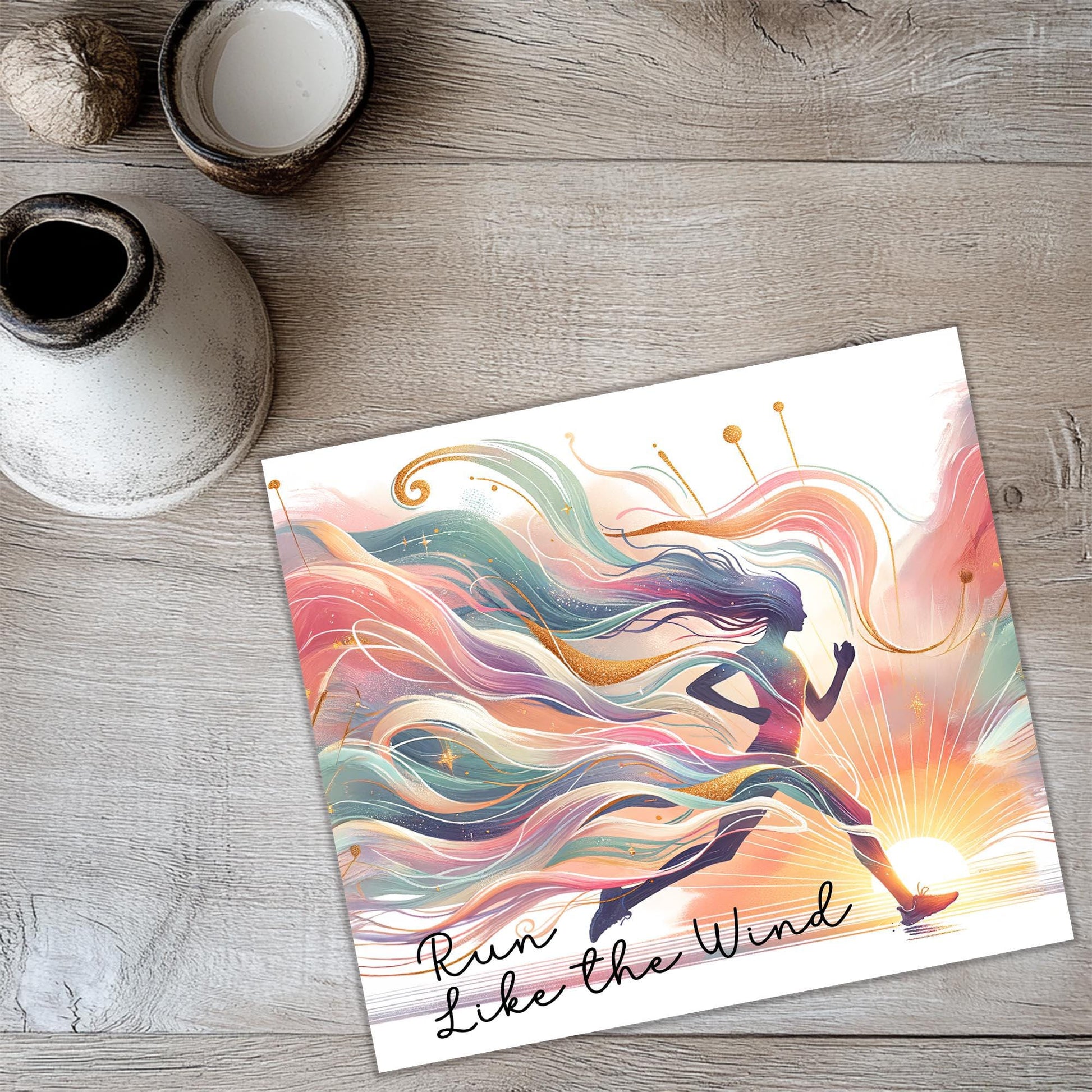 a card with a picture of a woman running