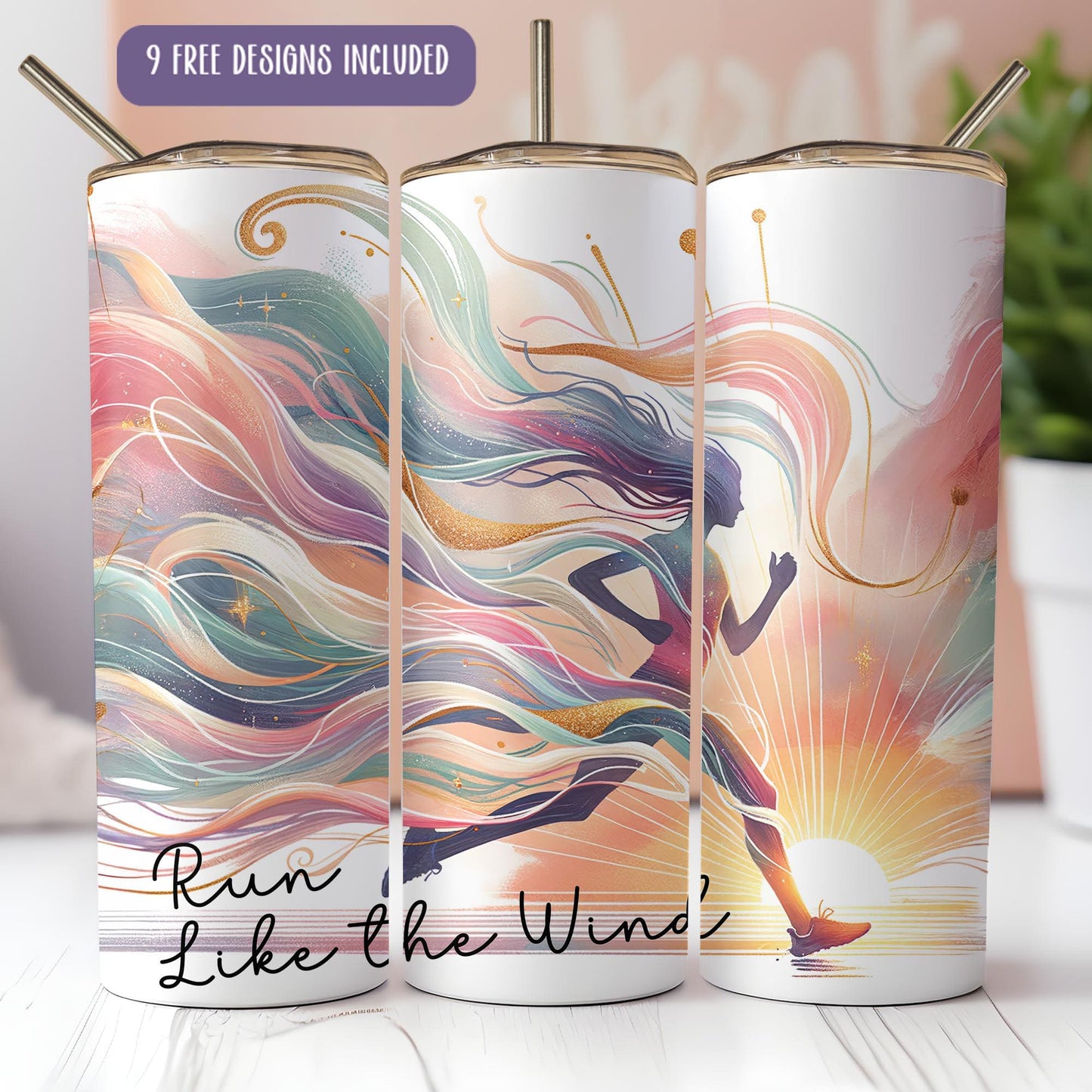 a set of three travel mugs with a woman running