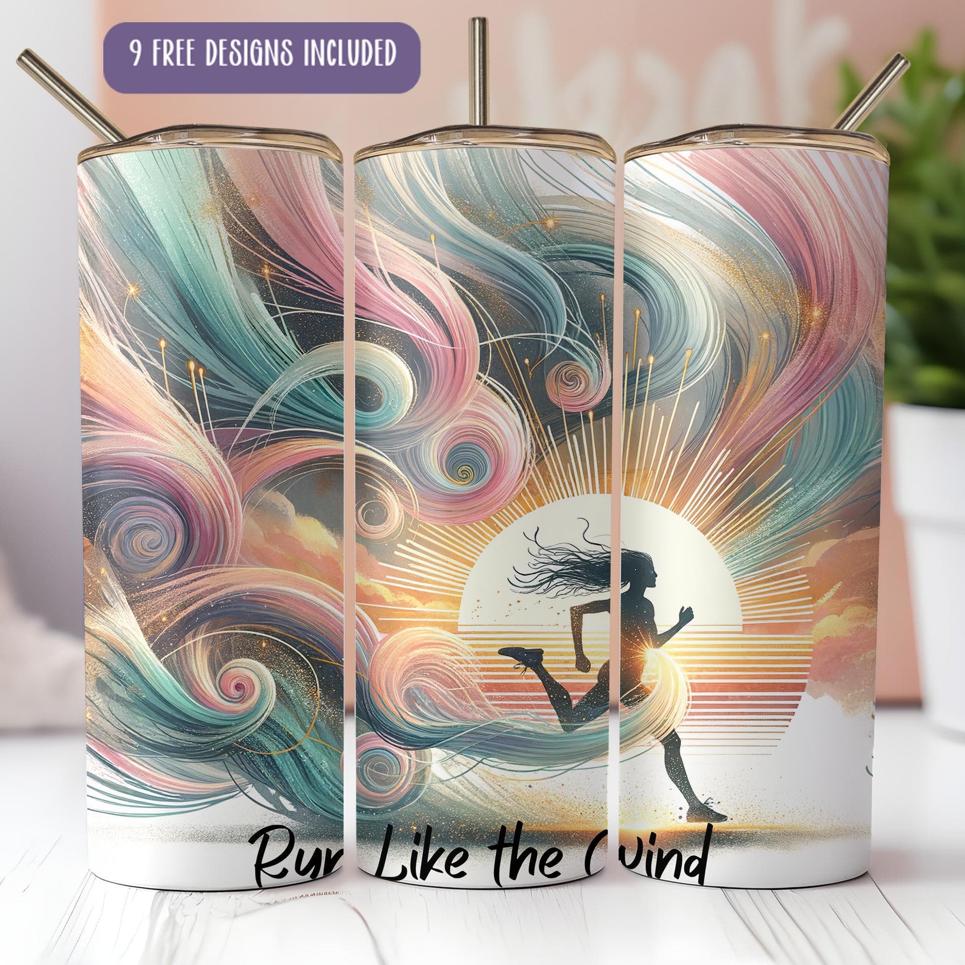 a set of three travel mugs with a woman running