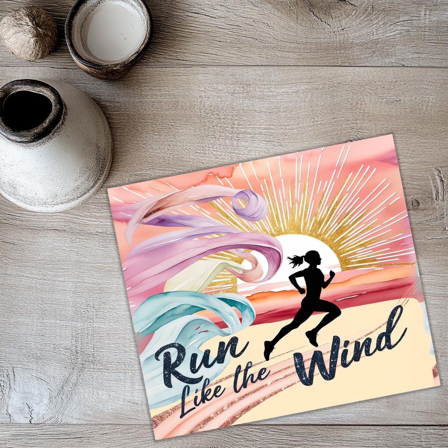 a poster of a woman running on a wooden floor