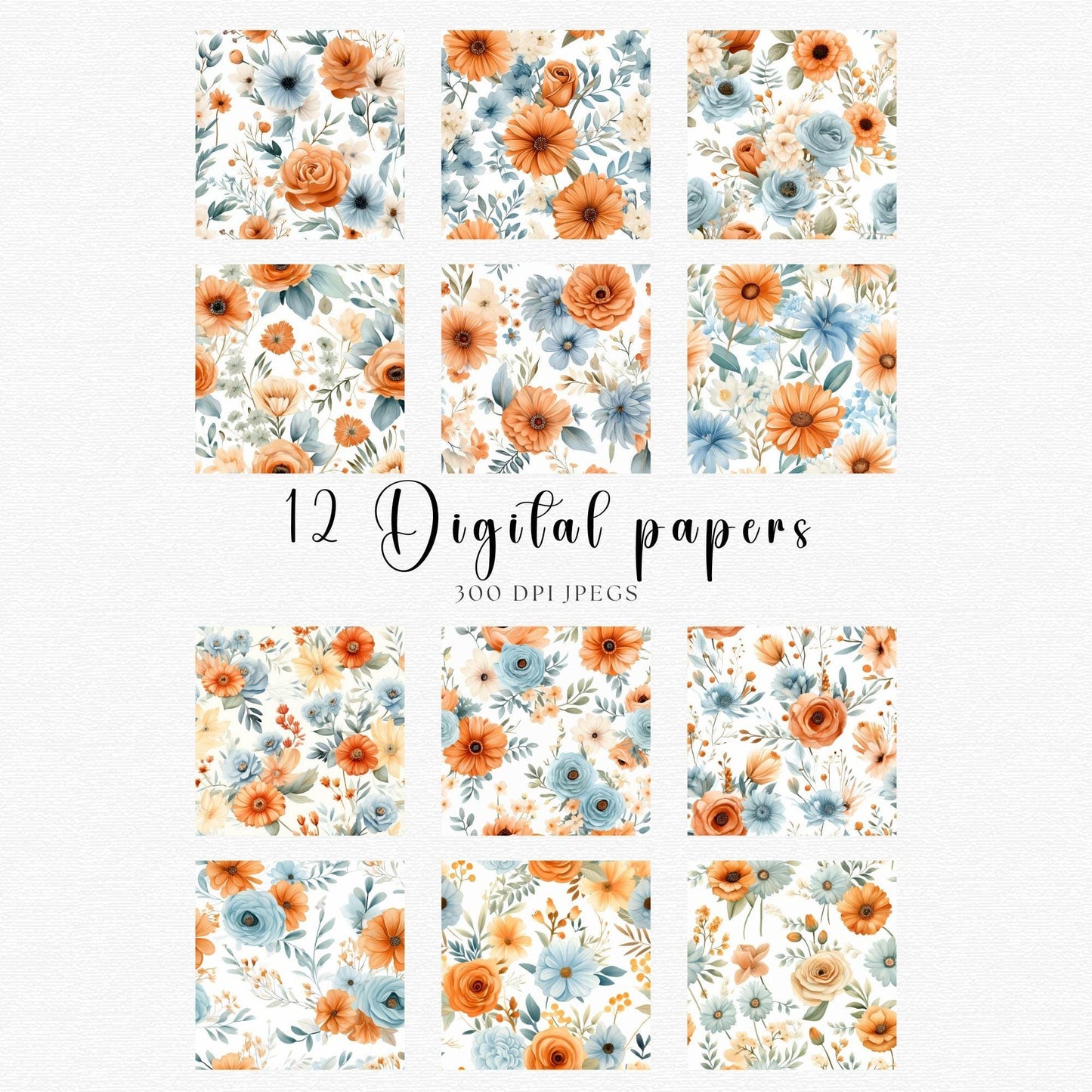Rustic Terracotta & Dusty Blue Floral Digital Papers