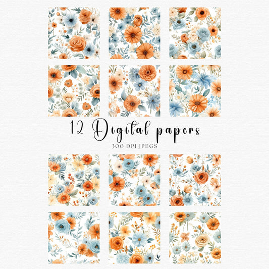 Rustic Terracotta & Dusty Blue Floral Digital Papers
