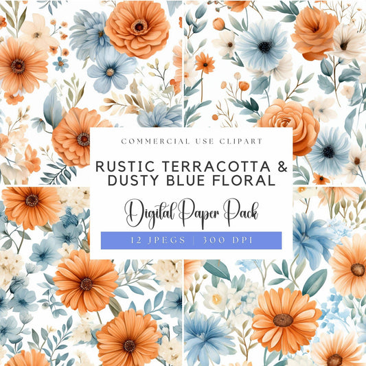 Rustic Terracotta & Dusty Blue Floral Digital Papers