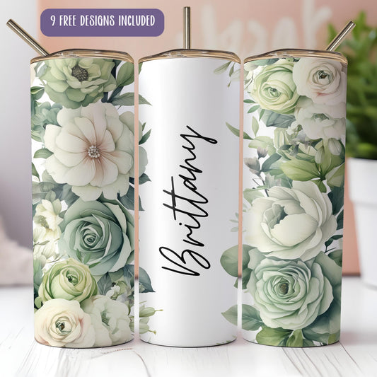 three personalized tumbles with flowers on them