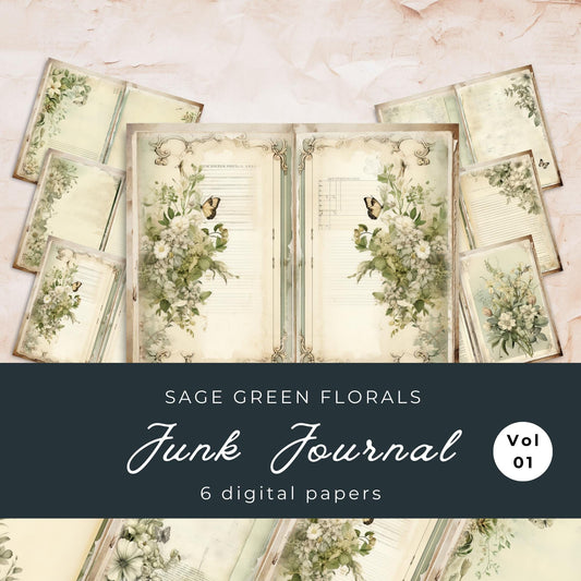 Sage Green Floral Junk Journal Pages