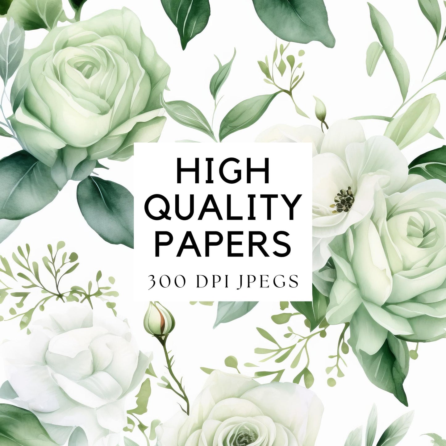 Sage Green Rose and Peony Digital Papers