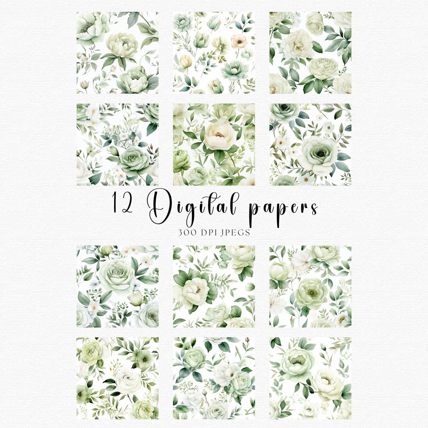 Sage Green Rose and Peony Digital Papers