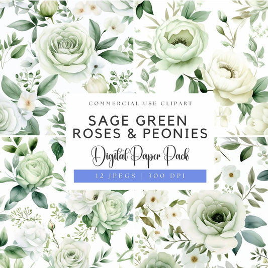 Sage Green Rose and Peony Digital Papers