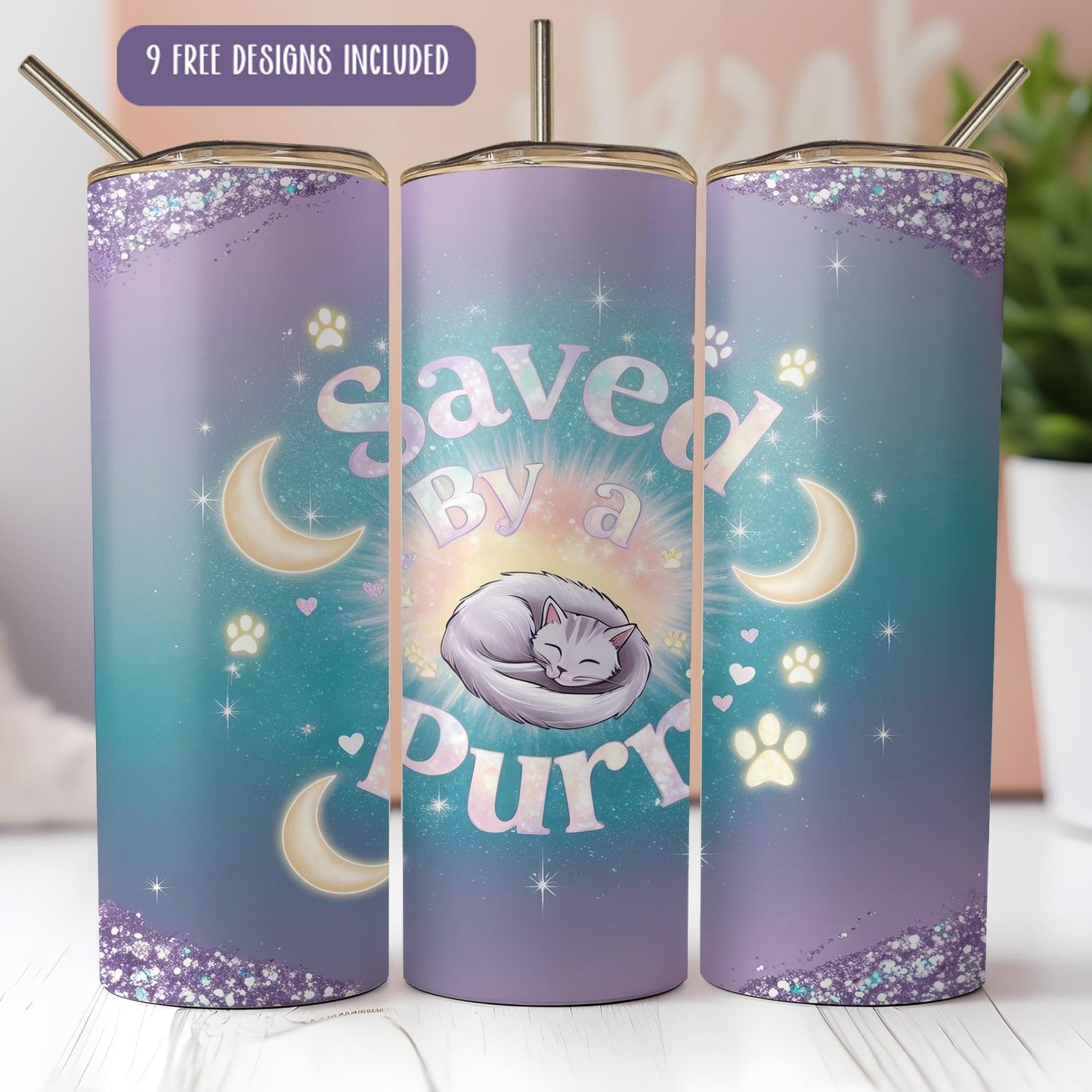 a purple can with a cat sleeping on it and the words saved by a pu
