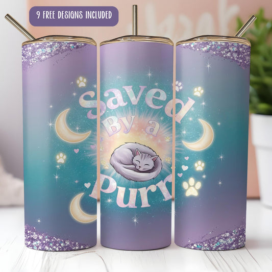 a purple can with a cat sleeping on it and the words saved by a pu