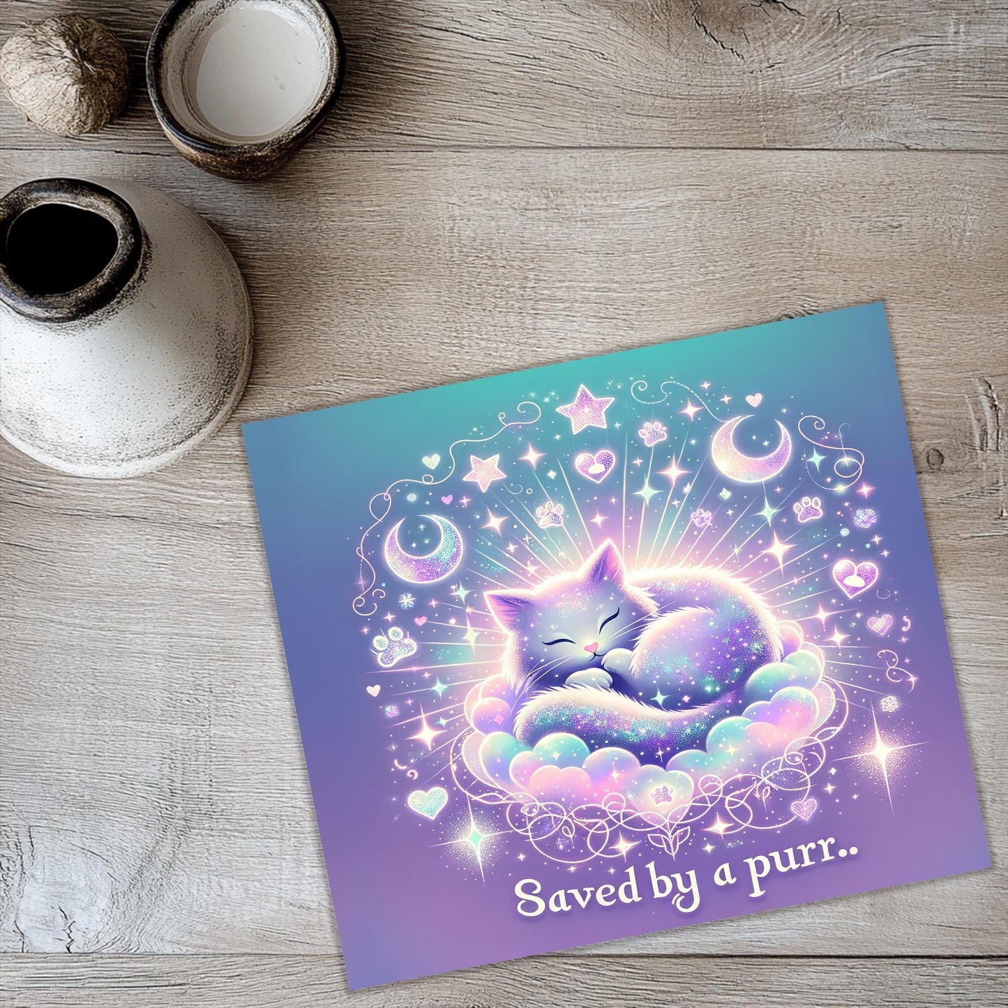 a card with a picture of a cat sleeping on a cloud