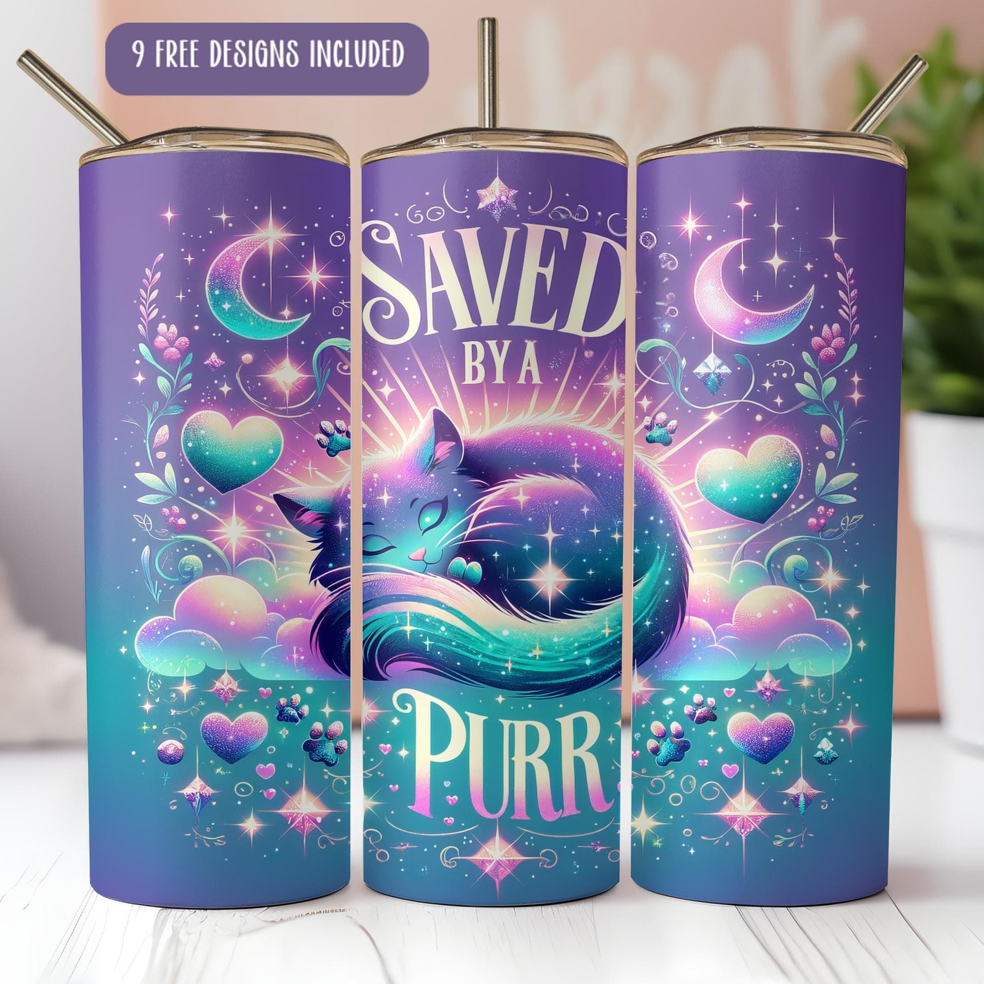 a purple and blue can with a cat sleeping on it