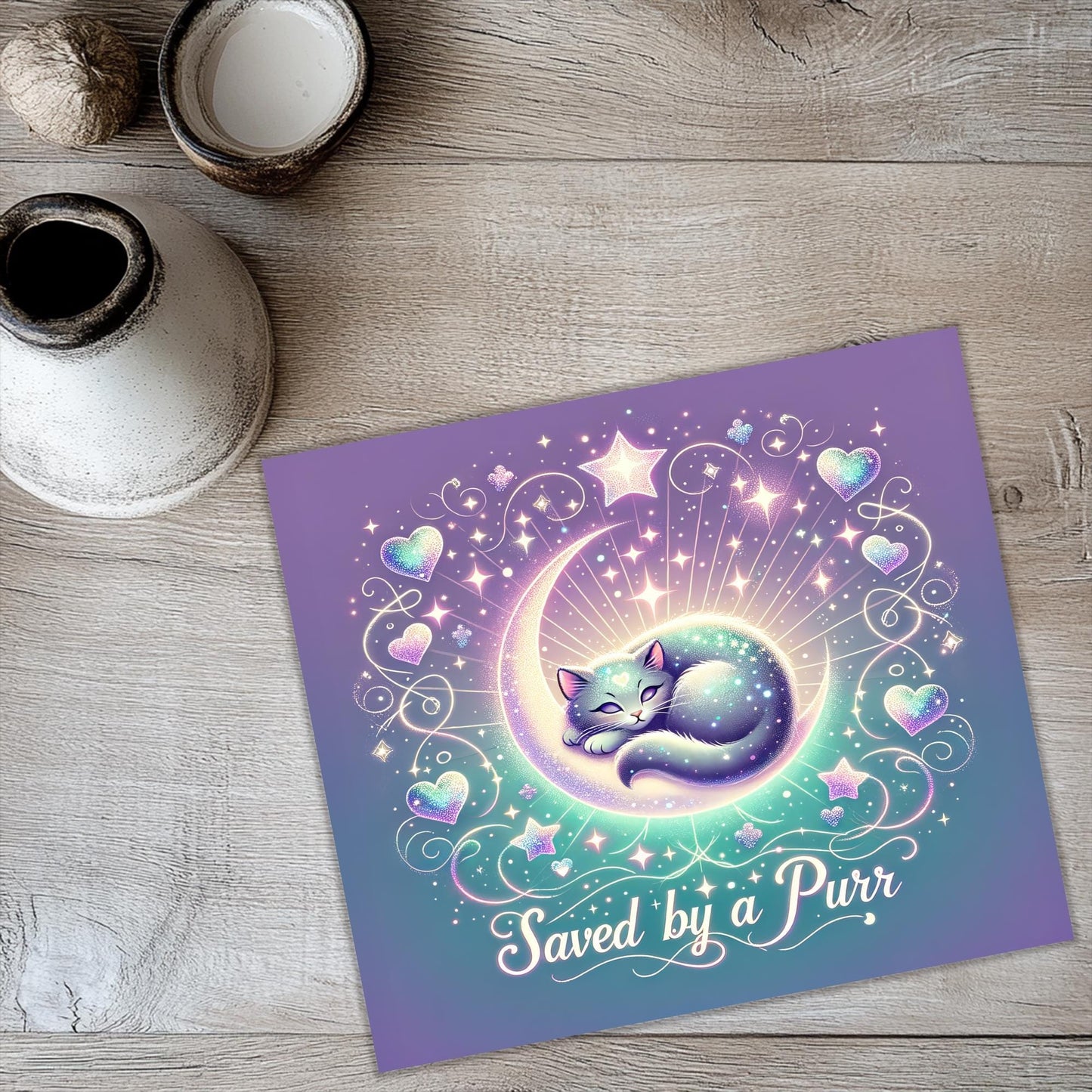 a card with a cat sleeping on top of it