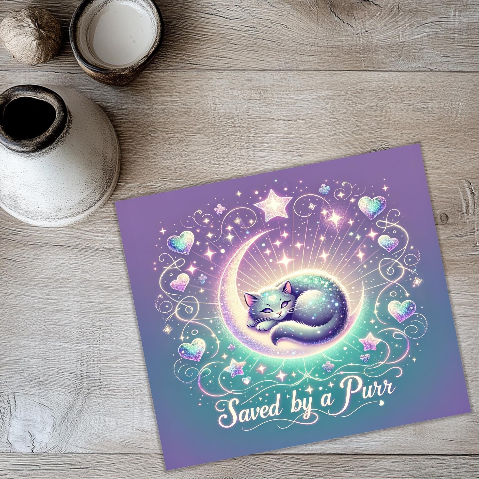 a card with a cat sleeping on top of it