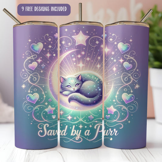 a purple and blue canister with a cat sleeping on it