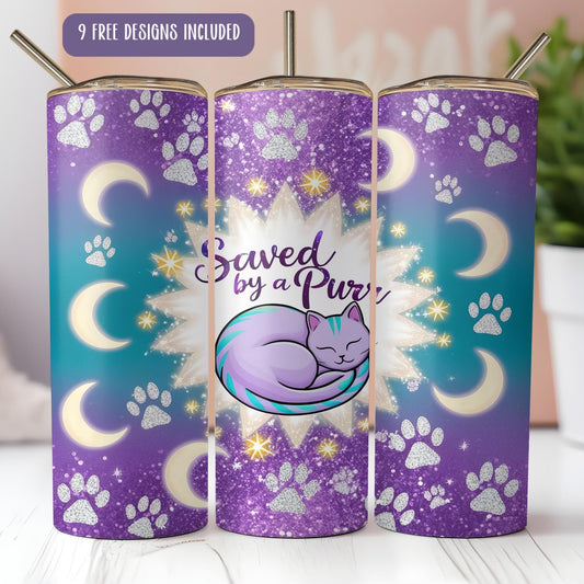 a purple and blue canister with a cat sleeping on it