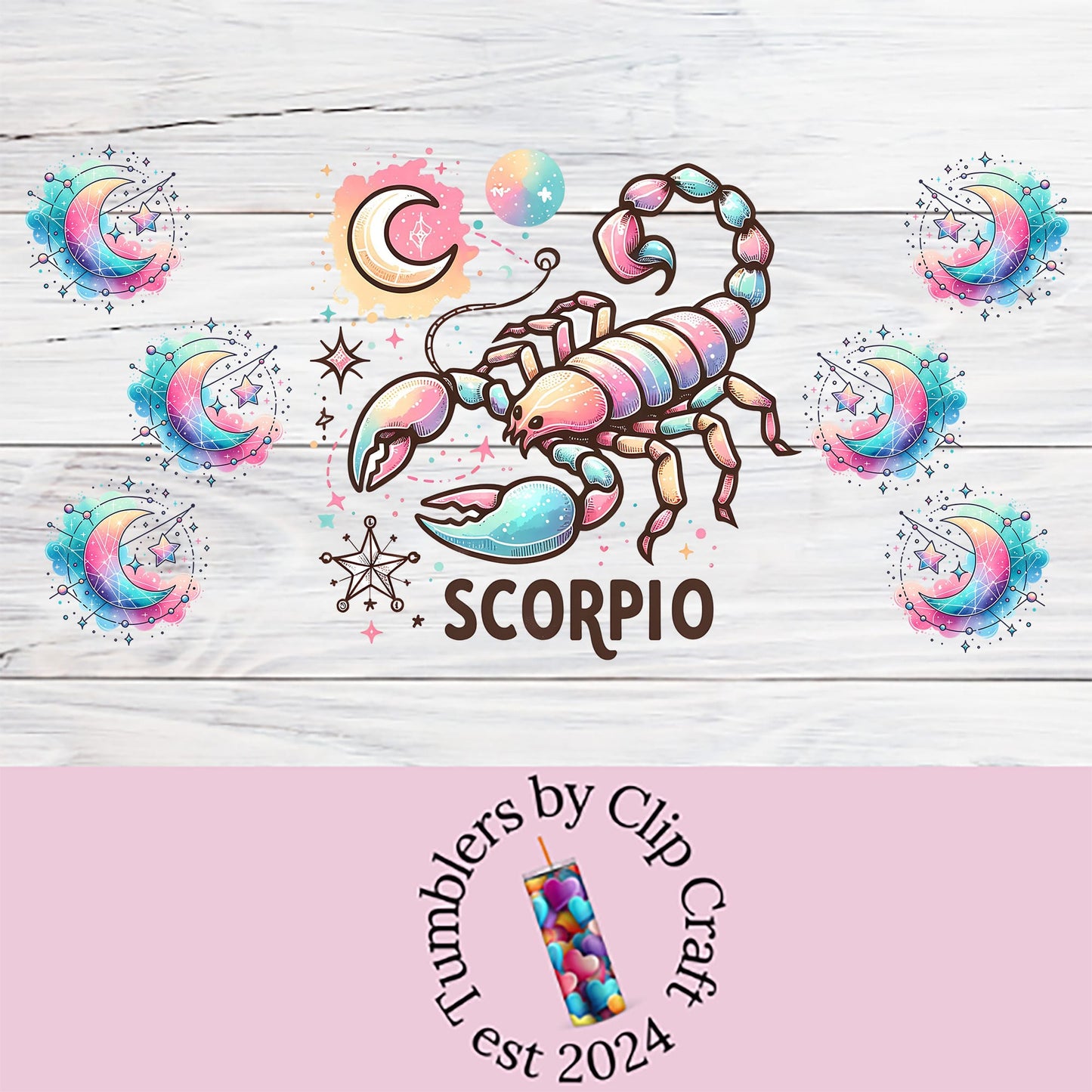 a colorful scorpion on a white wooden background