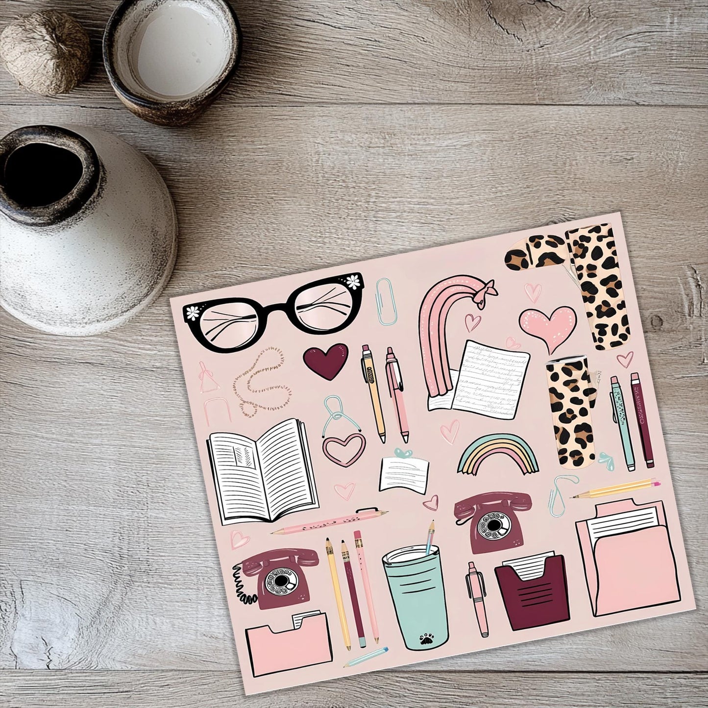 a picture of a table with a book, glasses, a cup, and a