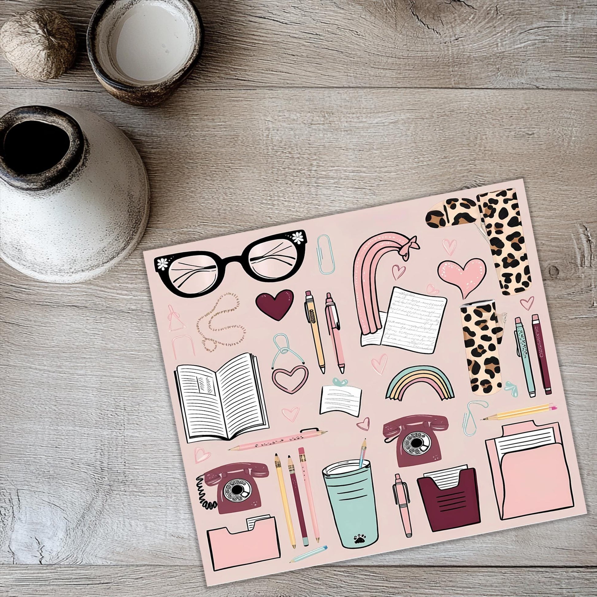 a picture of a table with a book, glasses, a cup, and a
