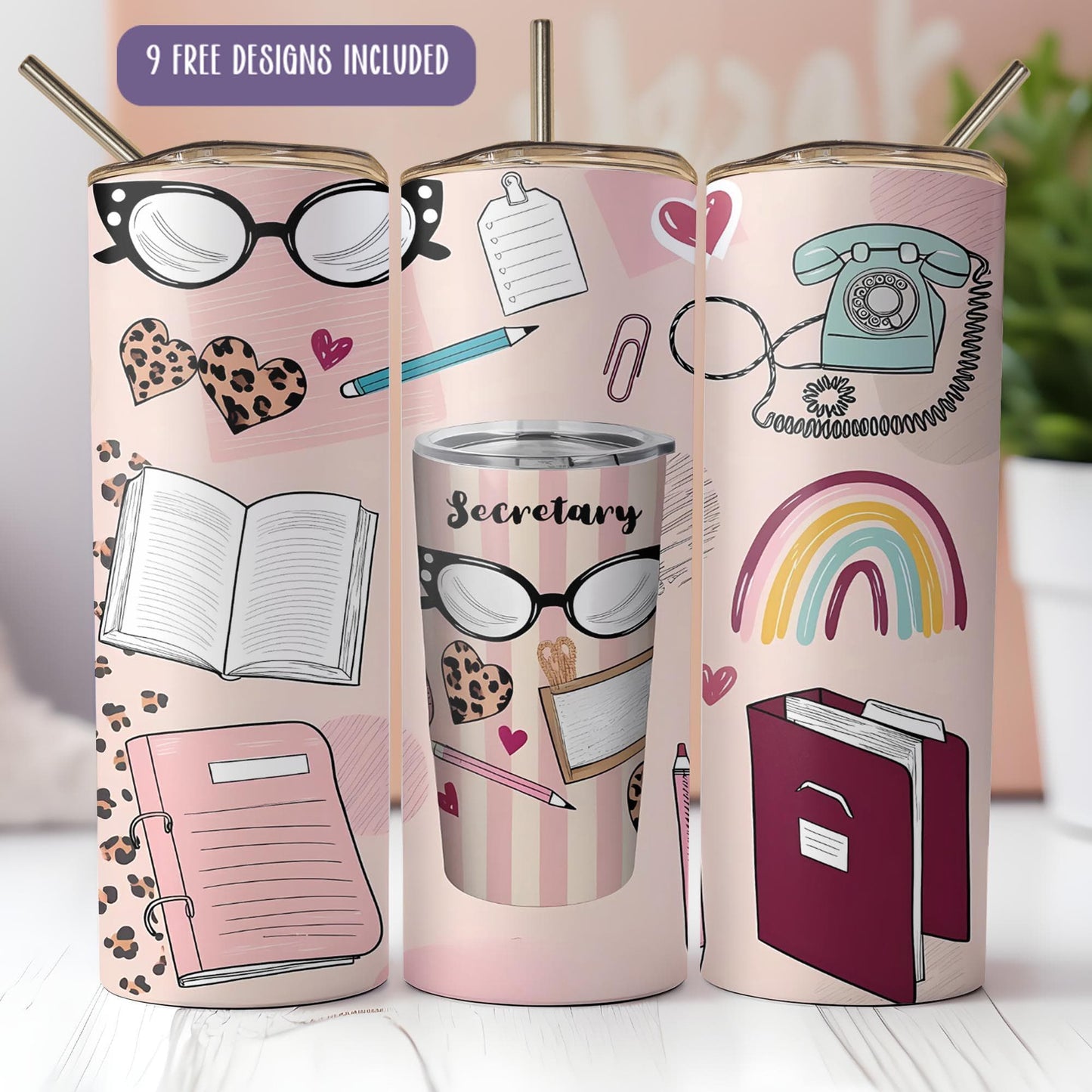 three travel mugs with different designs on them