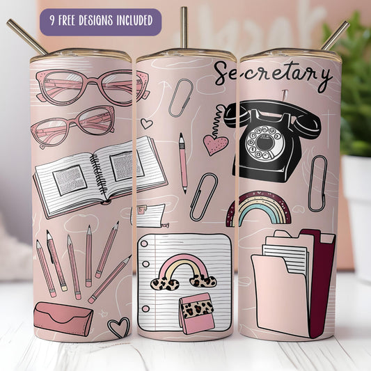a pair of pink travel mugs with a pattern of books, a phone,