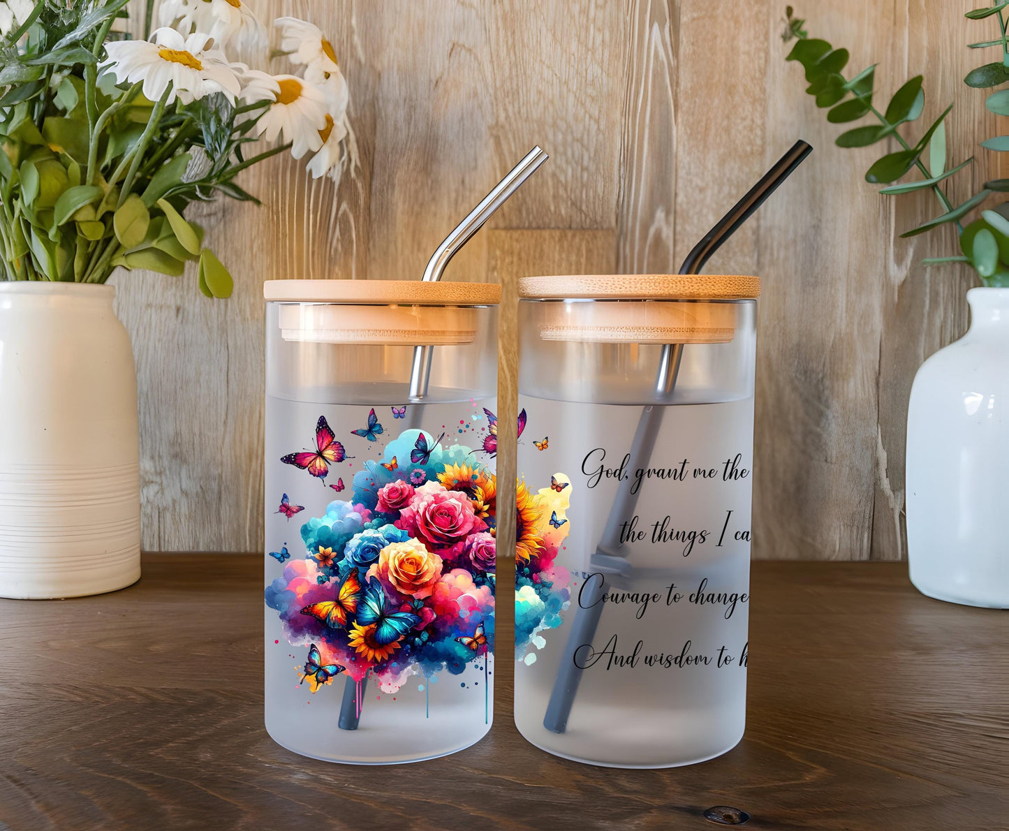 a couple of cups sitting on top of a wooden table
