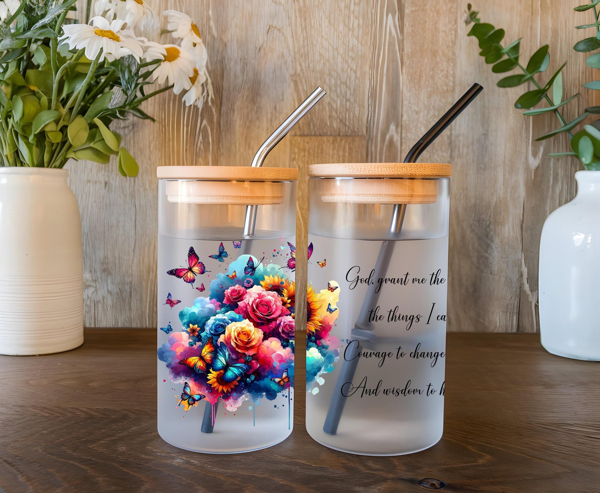 a couple of cups sitting on top of a wooden table